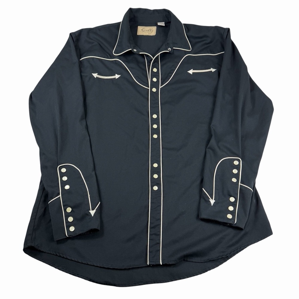 VTG Scully Black Western Shirt Pearl Button Size Large Long Sleeve Tan‎ Piping
